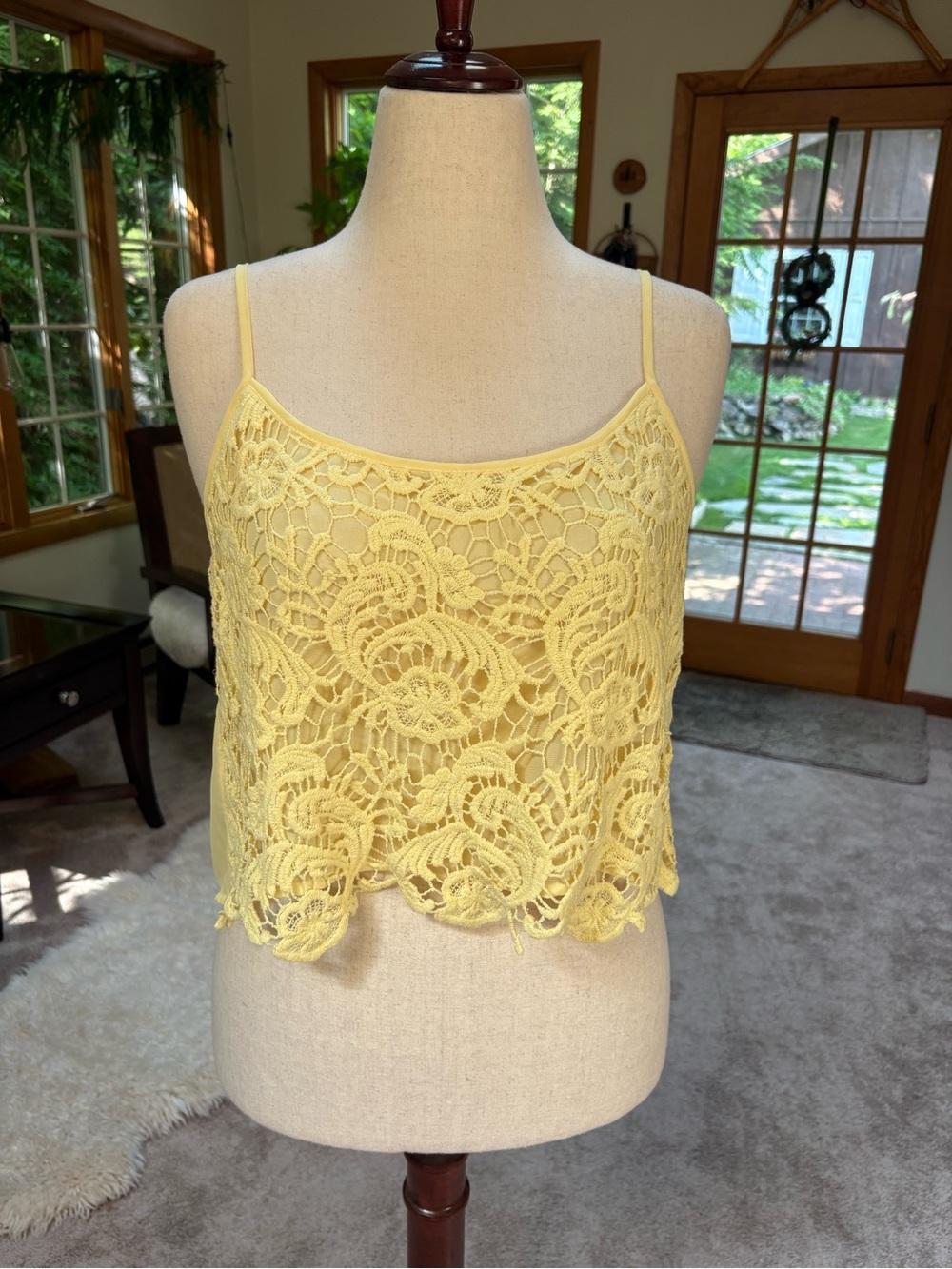 La Hearts Butter Yellow Lace Cropped Tank with Open Back